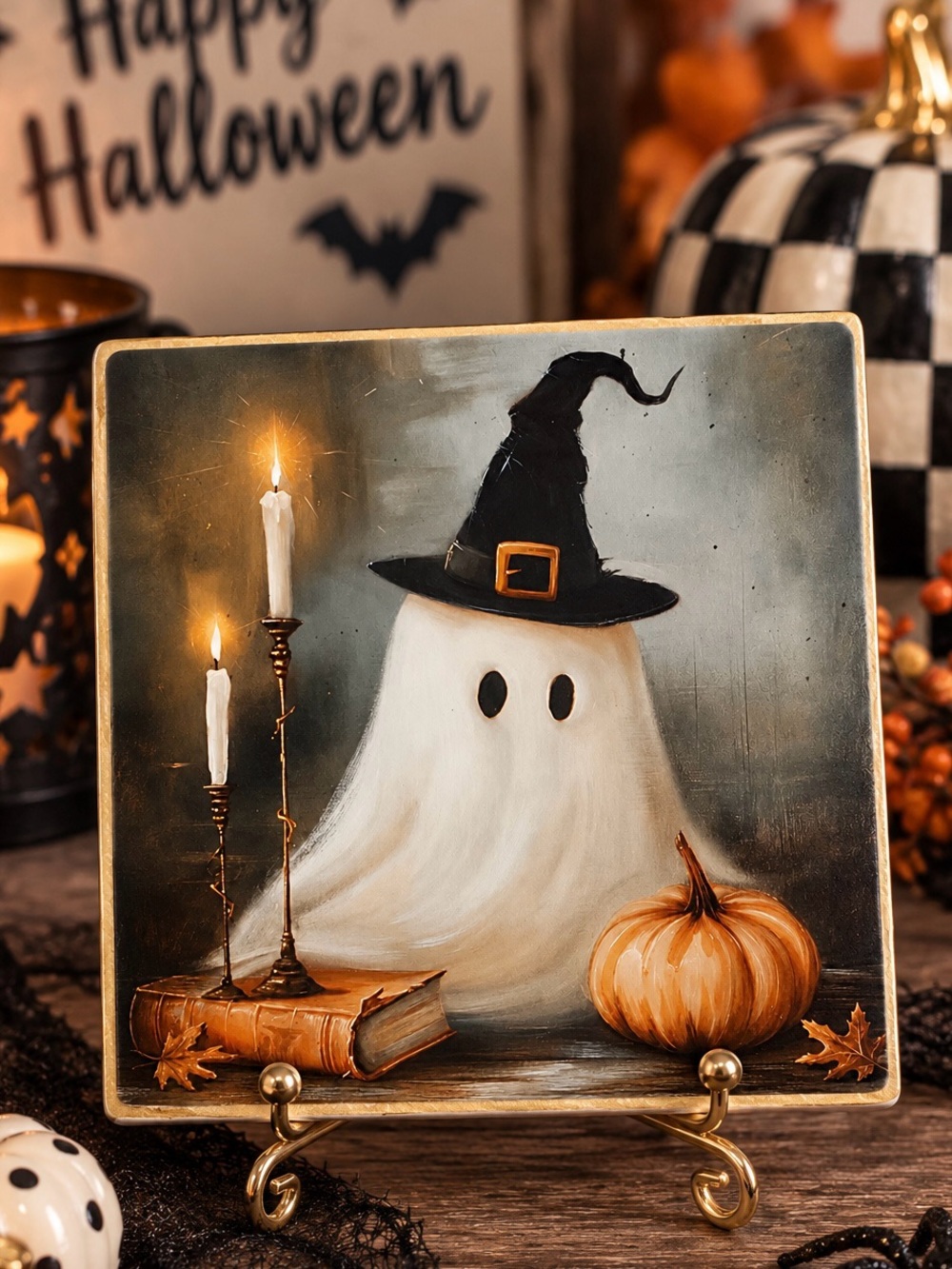 Hand crafted Halloween ghost ceramic coaster with gold stand 4”
